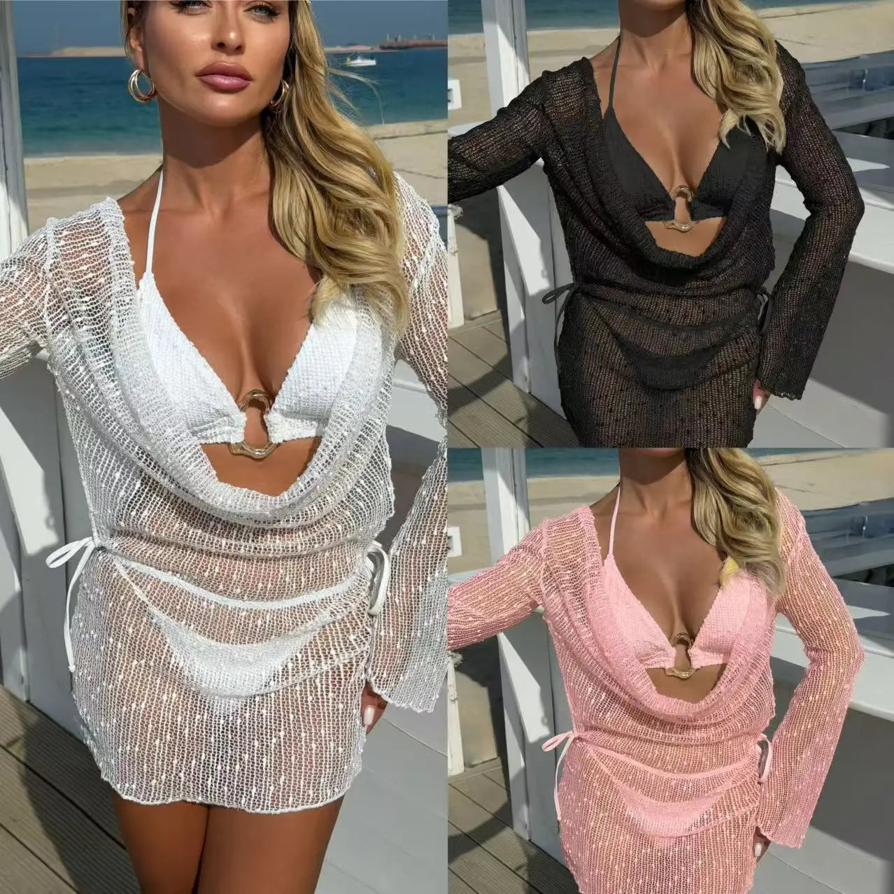 NOVO ESTOQUE Conjunto de biquíni feminino texturizado de 3 peças em 3 cores com amarração frontal em argola, modelo brasileiro, com saída de praia transparente. Tamanho P