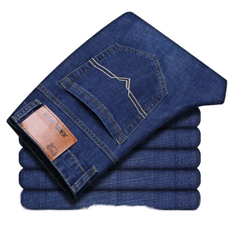 Calças de trabalho masculinas estilo casual, com elastano e alta resistência, disponíveis em tamanhos grandes (plus size) e modelos personalizados; opções de corte reto ou slim, nas cores preto e azul.