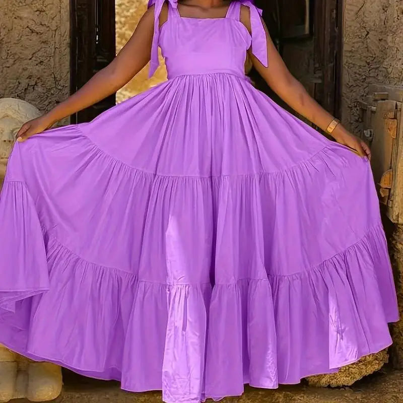 Vestido Feminino de Verão Estilo Halter com Laço, Cintura Marcada e Saia Ampla