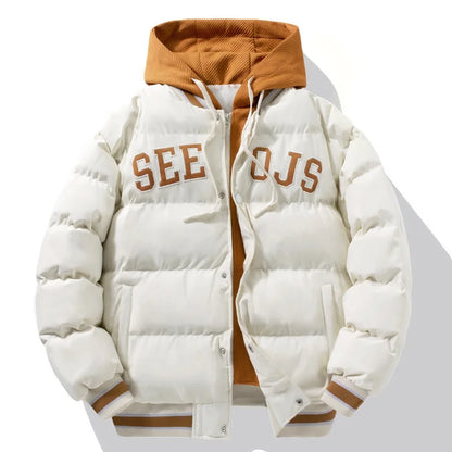 Jaqueta de Beisebol de Inverno Estilo Harajuku com Design de Camadas Sobrepostas , Acolchoada com Algodão e Plumas, Modelagem Larga, com Capuz e Proteção contra o Frio .