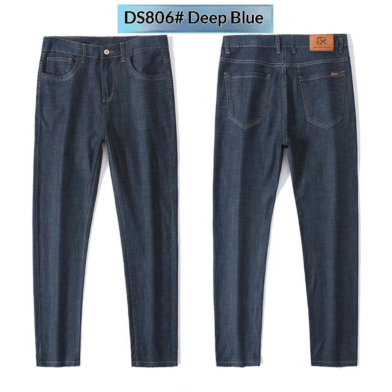 Calça Masculina Casual de Verão – Tecido Leve, Cintura Alta, Jeans de Algodão com Elastano, Lavagem Efeito "Ice Silk", Corte Reto e Solto