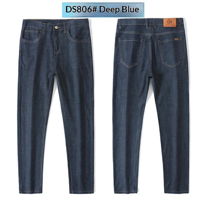 Calça Masculina Casual de Verão – Tecido Leve, Cintura Alta, Jeans de Algodão com Elastano, Lavagem Efeito "Ice Silk", Corte Reto e Solto