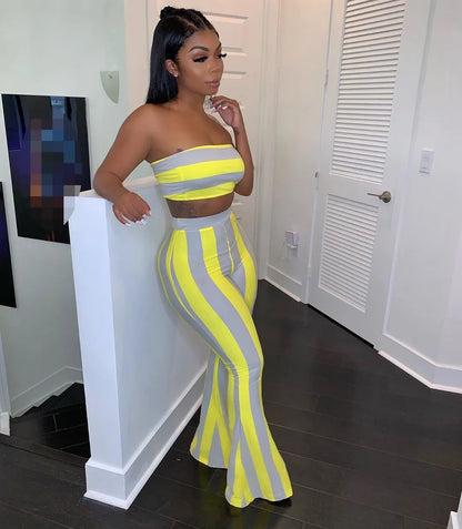 Conjunto de roupa feminina listrada, 2 peças, crop top, calças, conjunto de roupas de verão sexy para mulheres