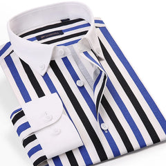 Gola de contraste masculina listrado manga longa botão para baixo vestido camisa pocketless design magro casual listrado blusa camisas de manguito branco