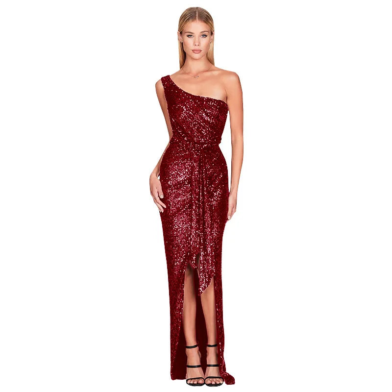 Moda Feminina Instagram – Vestido Plissado de Um Ombro Só com Amarração – Vestido de Festa com Lantejoulas (Estilo "Sweet & Spicy")