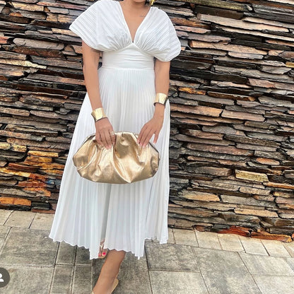 Novos Vestidos Longos Femininos Plissados com Decote em V e Cor Sólida – Sehe Fashion