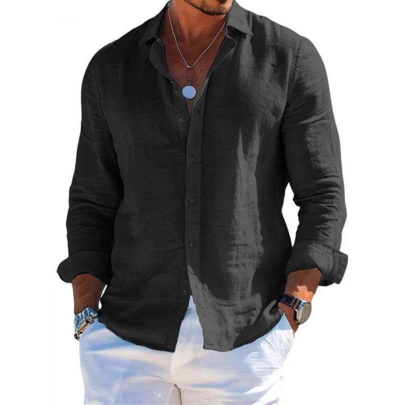 Camisa Masculina de Verão Versátil e Lisa – Estilo Casual/Praia, Manga Longa, Gola Clássica e Modelagem Slim Fit