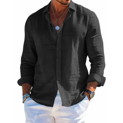 Camisa Masculina de Verão Versátil e Lisa – Estilo Casual/Praia, Manga Longa, Gola Clássica e Modelagem Slim Fit