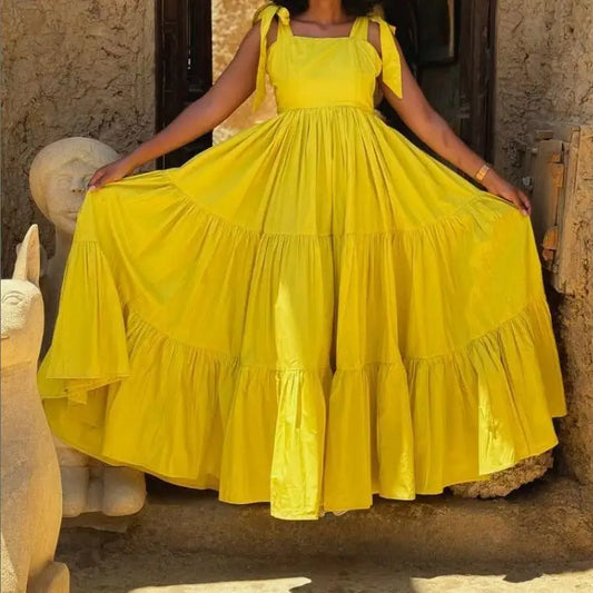 Vestido Feminino de Verão Estilo Halter com Laço, Cintura Marcada e Saia Ampla