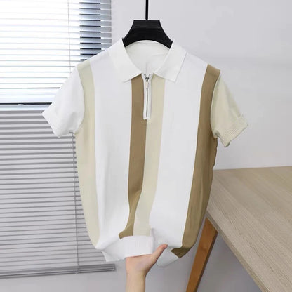 Oem Custom Logo Summer Summer Business Striped Ice Silk Half-zip Men Slim Fit Turn-down Collar Polo Shirts