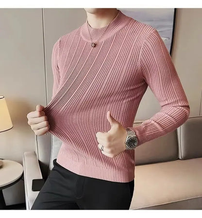 Suéter Masculino Listrado Versátil de Manga Longa e Gola Média (Slim Fit)