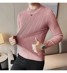 Suéter Masculino Listrado Versátil de Manga Longa e Gola Média (Slim Fit)