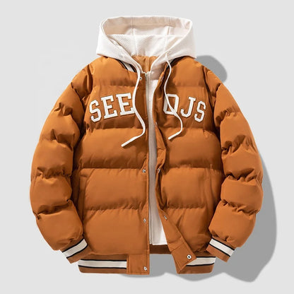 Jaqueta de Beisebol de Inverno Estilo Harajuku com Design de Camadas Sobrepostas , Acolchoada com Algodão e Plumas, Modelagem Larga, com Capuz e Proteção contra o Frio .