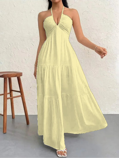 Vestido de Praia Feminino – 4 Cores – Decote em V, Sem Mangas, Longo (Maxi), Tamanho Plus Size – P ao GG (S-2XL)