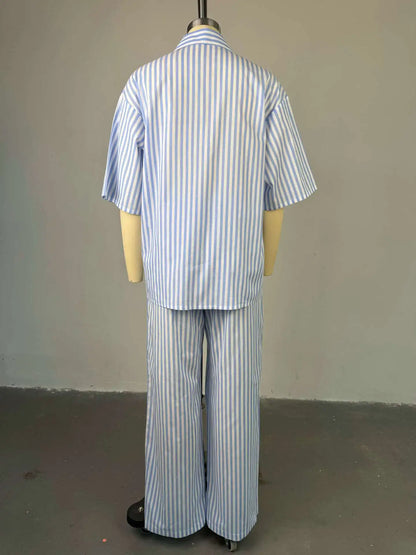 HK72246 Trendy Summer Outfits for Women Lapel Half Sleeve Striped Shirt and High Waist Pants Set Two Piece Set Women Clothing