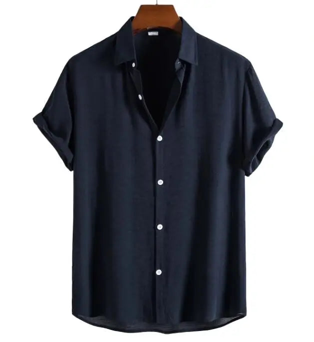 Men Cotton Blend Shirt Summer Short Sleeve Lapel Collar Button Solid Color New Fashion Clothes for Men Tops Casual Shirts