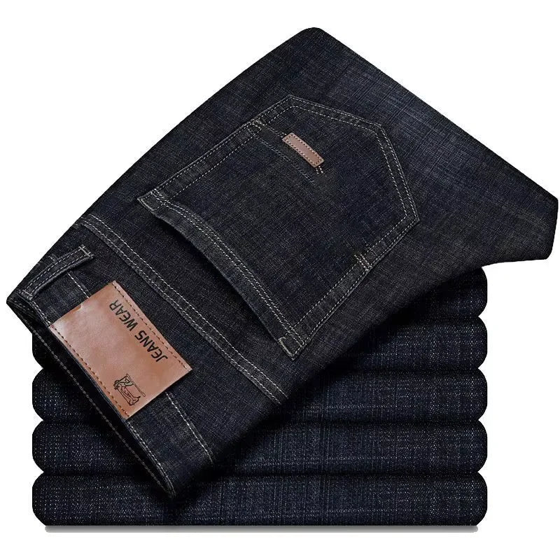 Calças de trabalho masculinas estilo casual, com elastano e alta resistência, disponíveis em tamanhos grandes (plus size) e modelos personalizados; opções de corte reto ou slim, nas cores preto e azul.