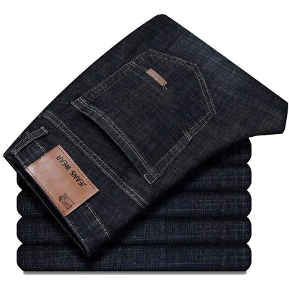 Calças de trabalho masculinas estilo casual, com elastano e alta resistência, disponíveis em tamanhos grandes (plus size) e modelos personalizados; opções de corte reto ou slim, nas cores preto e azul.
