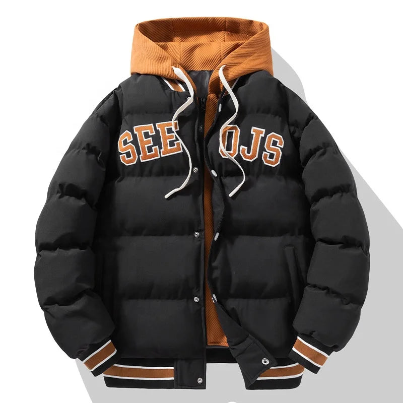 Jaqueta de Beisebol de Inverno Estilo Harajuku com Design de Camadas Sobrepostas , Acolchoada com Algodão e Plumas, Modelagem Larga, com Capuz e Proteção contra o Frio .