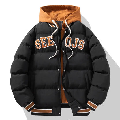 Jaqueta de Beisebol de Inverno Estilo Harajuku com Design de Camadas Sobrepostas , Acolchoada com Algodão e Plumas, Modelagem Larga, com Capuz e Proteção contra o Frio .