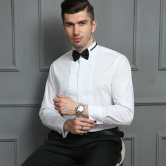 French Cuff Sleeves Party Dinner Wedding White Tuxedo Shirt With Bow Tie