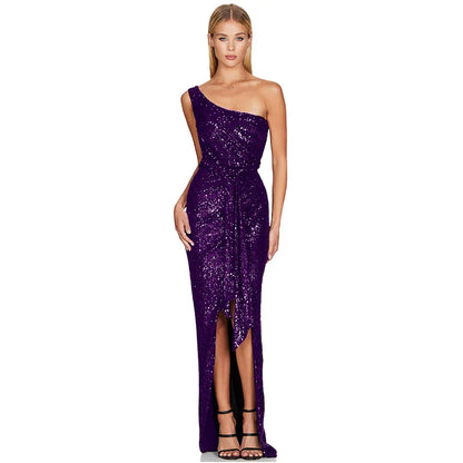 Moda Feminina Instagram – Vestido Plissado de Um Ombro Só com Amarração – Vestido de Festa com Lantejoulas (Estilo "Sweet & Spicy")