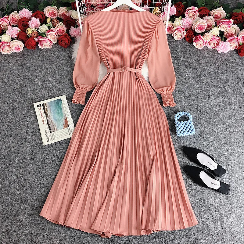 Pleated Dress Pleat and Waisted Slimming Elegant Slightly Mature Style Women's Clothing Spring New Premium Long Casual Dress