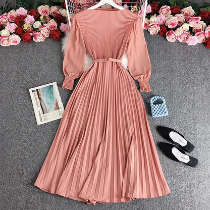 Pleated Dress Pleat and Waisted Slimming Elegant Slightly Mature Style Women's Clothing Spring New Premium Long Casual Dress