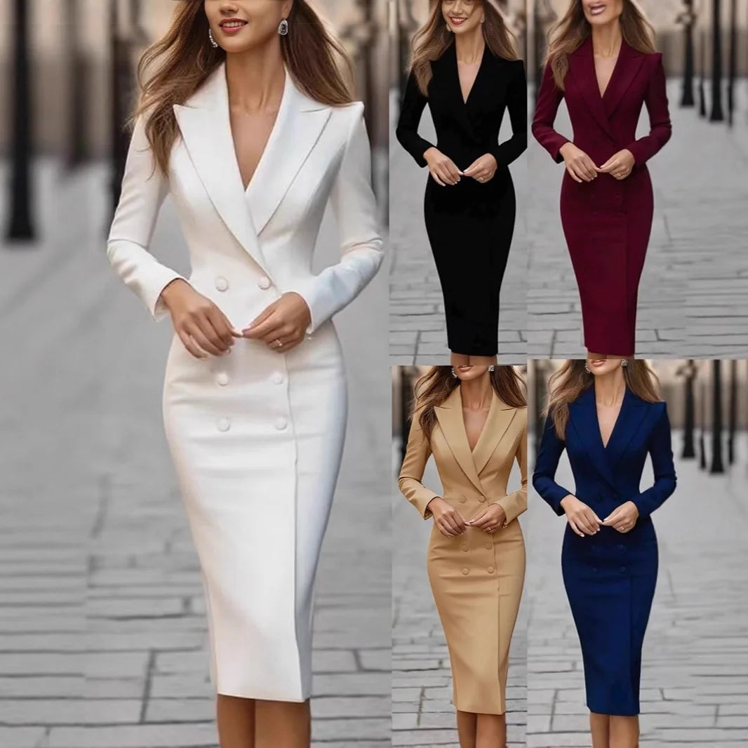 Vestido blazer midi feminino da nova coleção, com abotoamento duplo, mangas compridas e modelagem justa.
