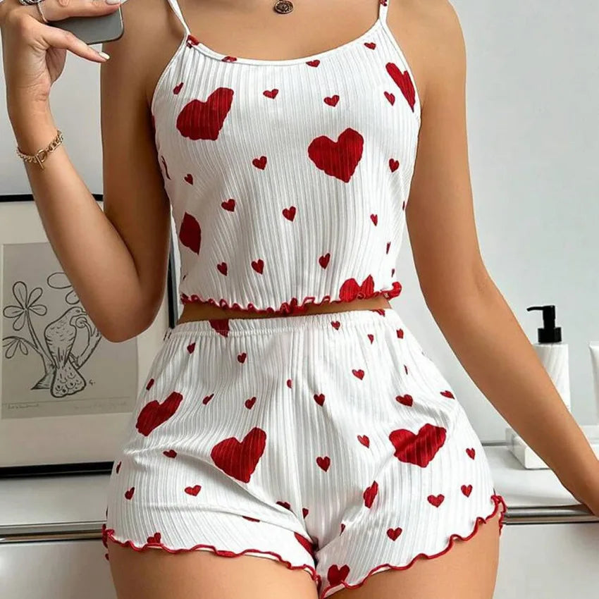Conjunto de Pijama Feminino de 2 Peças com Estampa de Corações: Top Cropped Sem Mangas e Shorts – Roupa de Dormir e de Ficar em Casa Macia e Confortável para o Verão