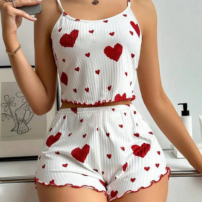 Conjunto de Pijama Feminino de 2 Peças com Estampa de Corações: Top Cropped Sem Mangas e Shorts – Roupa de Dormir e de Ficar em Casa Macia e Confortável para o Verão