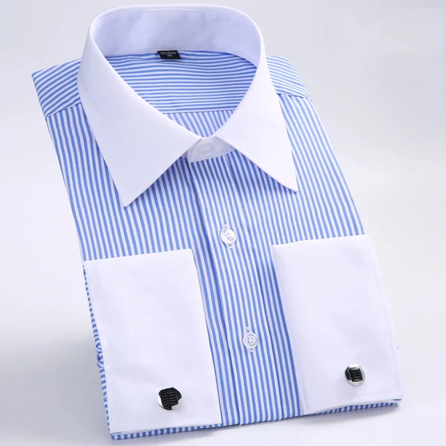 Camisa masculina clássica francesa com punhos listrados, bolso único, ajuste padrão, camisas de casamento de manga comprida (abotoaduras incluídas)
