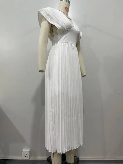 Novos Vestidos Longos Femininos Plissados com Decote em V e Cor Sólida – Sehe Fashion