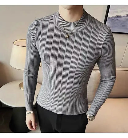 Suéter Masculino Listrado Versátil de Manga Longa e Gola Média (Slim Fit)