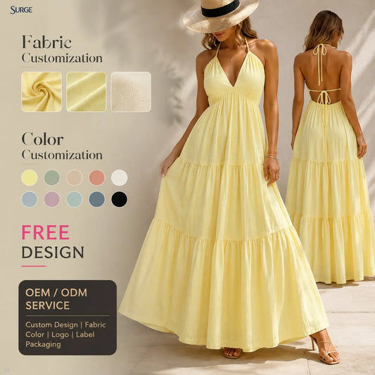 Vestido longo feminino casual de verão em mistura de poliéster e algodão, com decote em V profundo, amarração no pescoço (estilo frente única), sem mangas, recortes laterais, detalhe franzido e barra com babados em cam