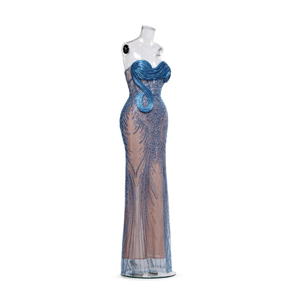 Vestido sereia de alta-costura com corpete de laços em 3D e design de lantejoulas em cascata.