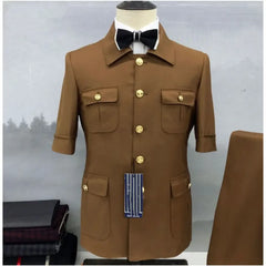 Conjunto de Terno Masculino Estilo Safári Marrom (2 Peças): Blazer de Verão Manga Curta e Calça – Ideal para Casamentos, Noivos, Festas e Eventos – Modelagem Regular Fit