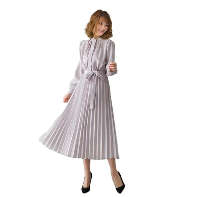 Women's Minimalist Long Sleeve Solid Color Stand up Collar Tie up Waist Pleated Women's Clothes Casual Loose Fitting Dress