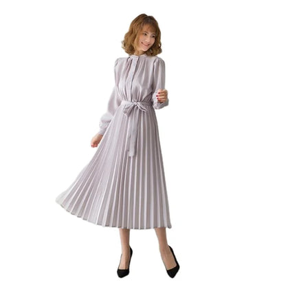 Women's Minimalist Long Sleeve Solid Color Stand up Collar Tie up Waist Pleated Women's Clothes Casual Loose Fitting Dress