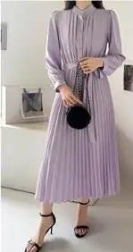 Women's Minimalist Long Sleeve Solid Color Stand up Collar Tie up Waist Pleated Women's Clothes Casual Loose Fitting Dress