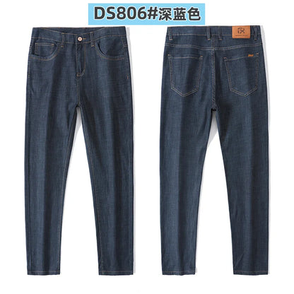 Calça Masculina Casual de Verão – Tecido Leve, Cintura Alta, Jeans de Algodão com Elastano, Lavagem Efeito "Ice Silk", Corte Reto e Solto