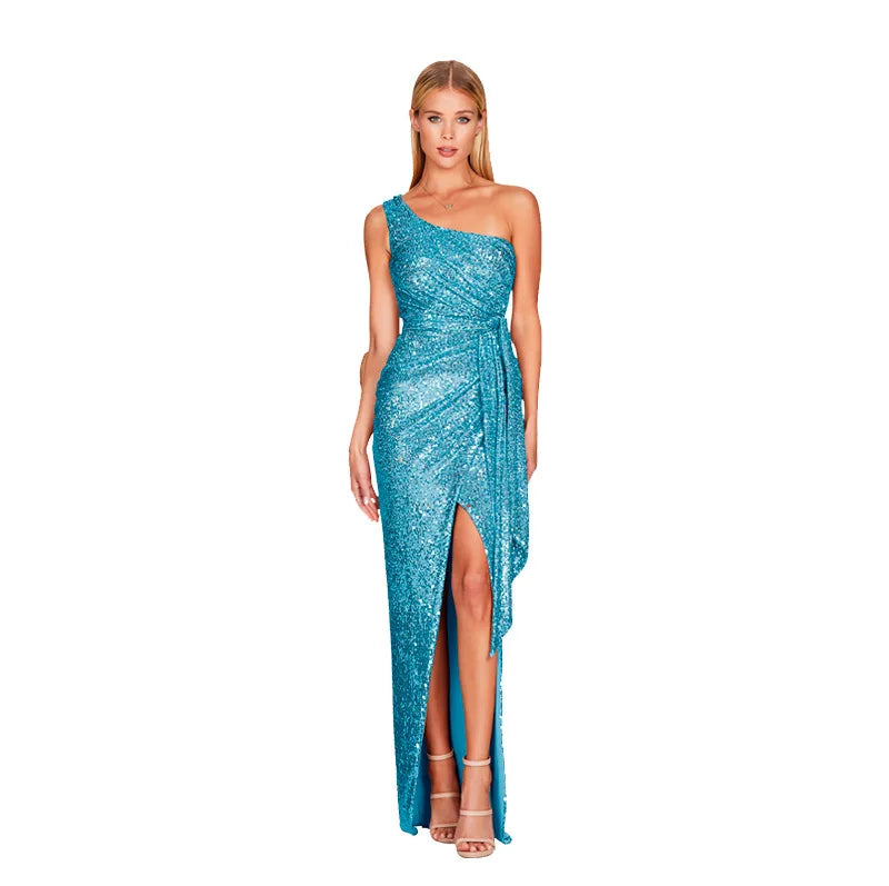 Moda Feminina Instagram – Vestido Plissado de Um Ombro Só com Amarração – Vestido de Festa com Lantejoulas (Estilo "Sweet & Spicy")