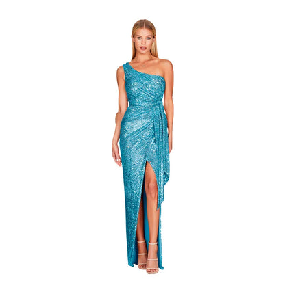 Moda Feminina Instagram – Vestido Plissado de Um Ombro Só com Amarração – Vestido de Festa com Lantejoulas (Estilo "Sweet & Spicy")