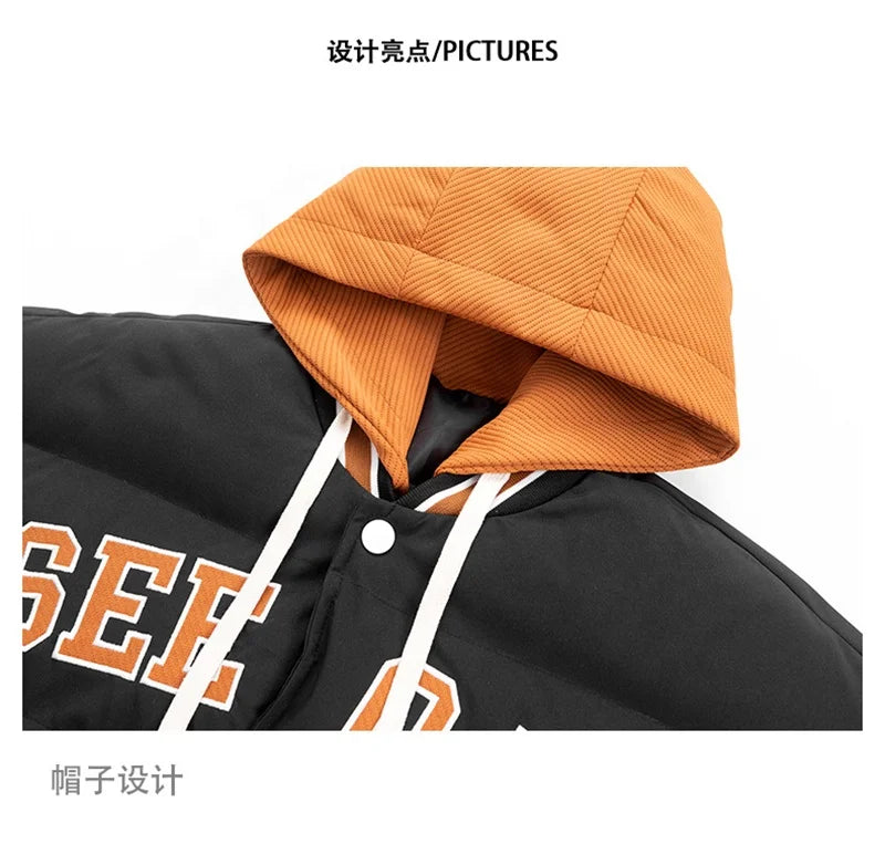 Jaqueta de Beisebol de Inverno Estilo Harajuku com Design de Camadas Sobrepostas , Acolchoada com Algodão e Plumas, Modelagem Larga, com Capuz e Proteção contra o Frio .