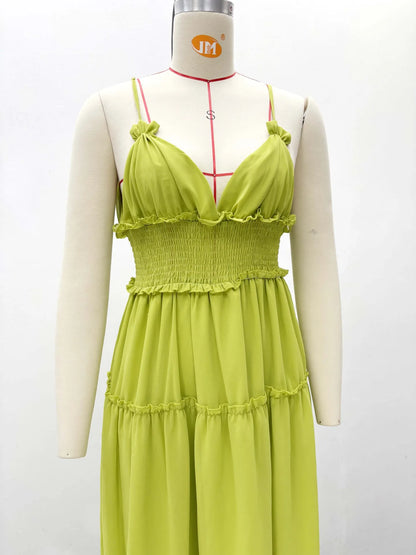 Vestido Feminino com Decote em V, Sem Mangas, Estilo Maxi com Detalhe Franzido (Smocked) – Vestido de Verão/Praia (Tam. P ao XG)