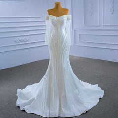 Vestido de Noiva Jancember Estilo Sereia Justo com Pérolas e Decote Ombro a Ombro