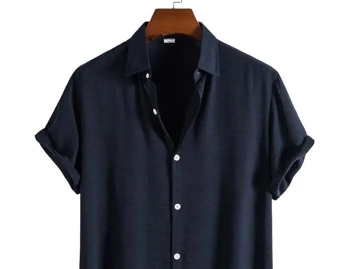 Men Cotton Blend Shirt Summer Short Sleeve Lapel Collar Button Solid Color New Fashion Clothes for Men Tops Casual Shirts