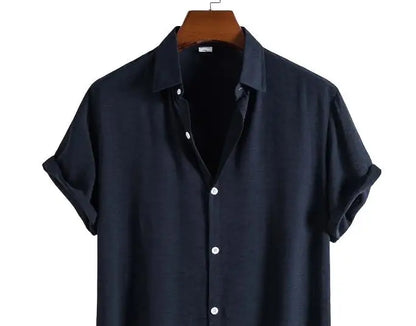 Men Cotton Blend Shirt Summer Short Sleeve Lapel Collar Button Solid Color New Fashion Clothes for Men Tops Casual Shirts