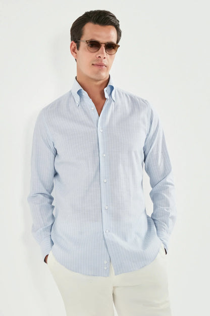 Light blue striped chambray button down shirt - Made in Italy