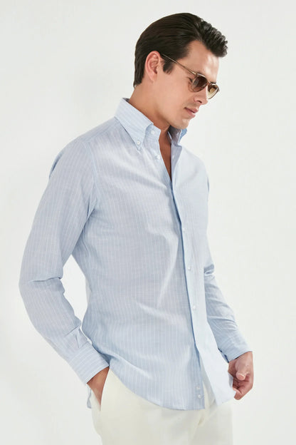 Light blue striped chambray button down shirt - Made in Italy